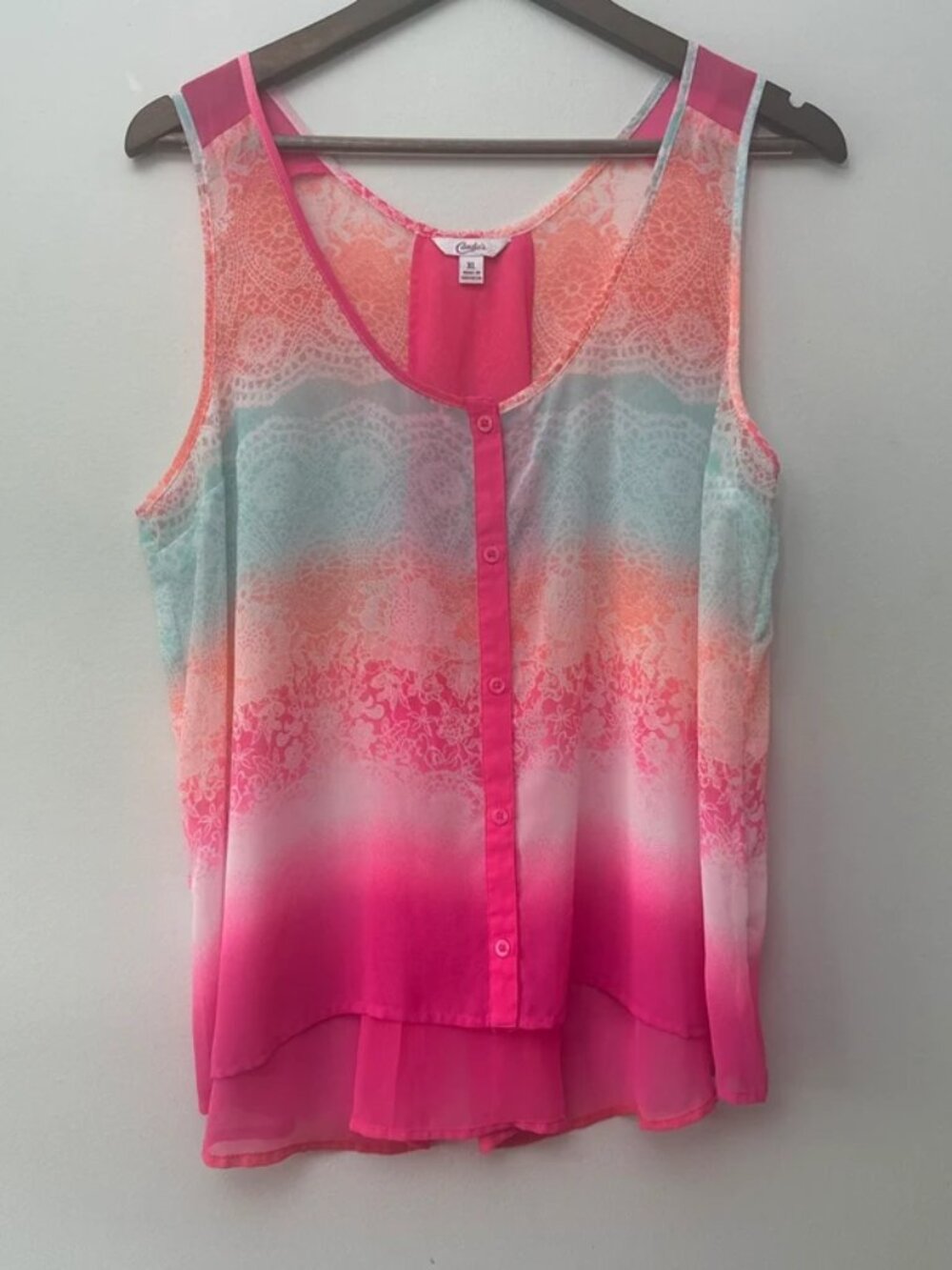 Candie’s Women’s XL Sheer Tank Top Pink Aqua Lace Print Hi-Low 2000s Party Style